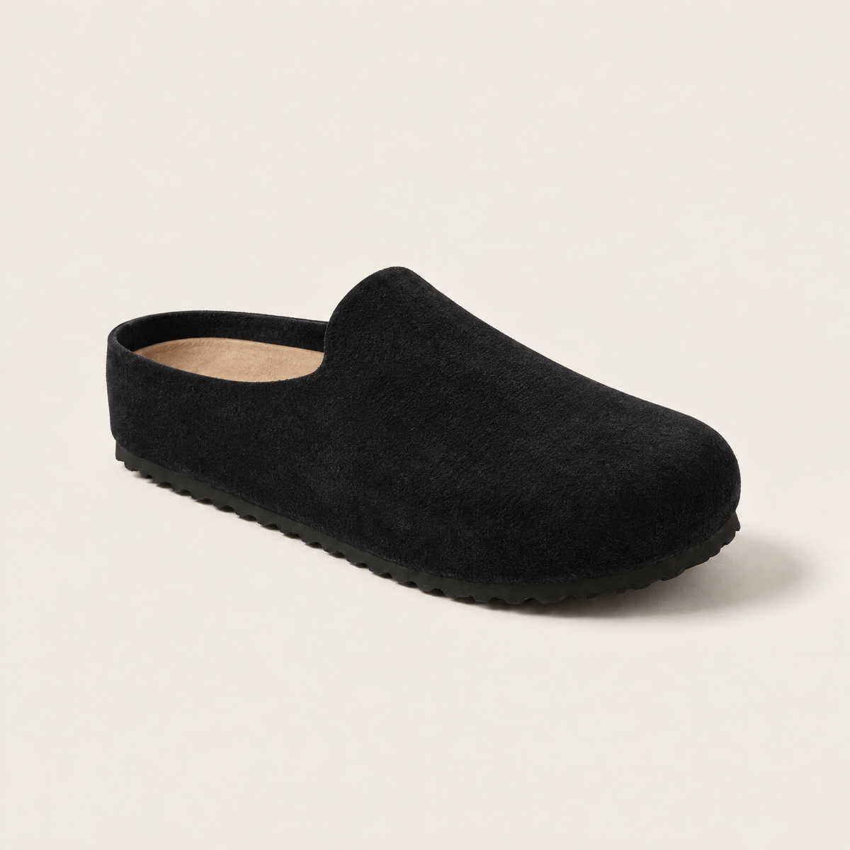 Black · Suede Relief Clog, three-quarter front view