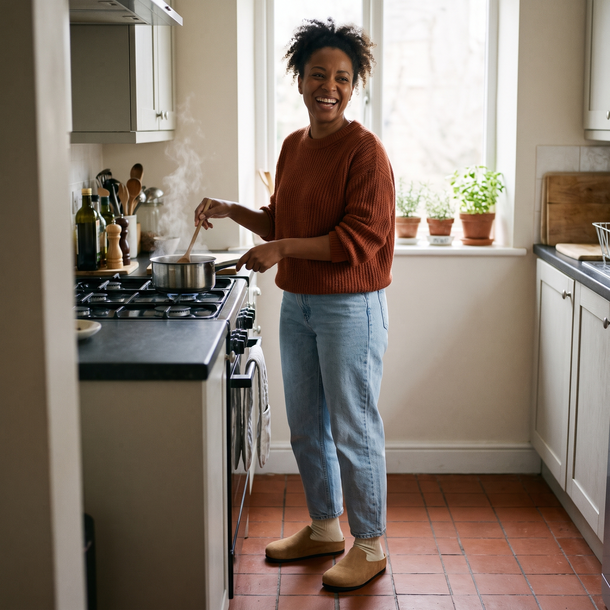 Tan · cooking at home on a tiled kitchen floor