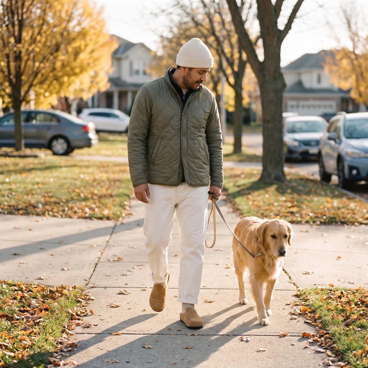 Tan · walking the dog on an autumn sidewalk