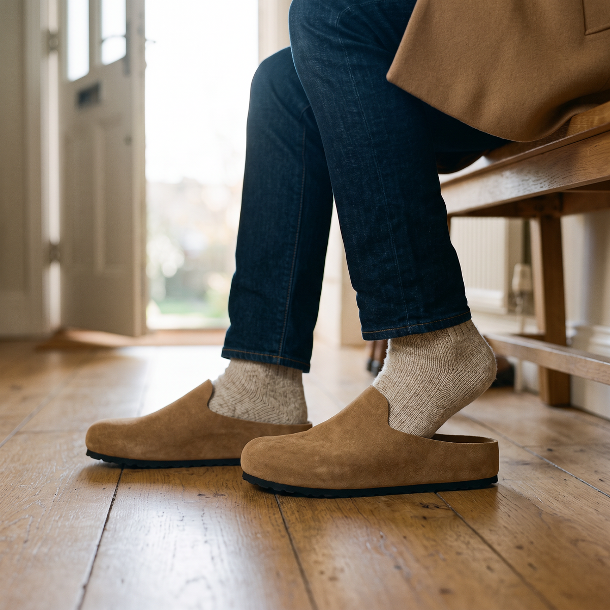 Tan · slipping them on by the front door