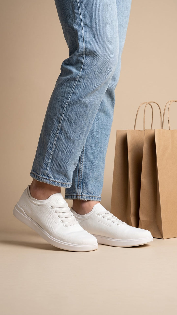 White Pain Relief Sneakers on a warm studio floor beside kraft paper gift bags