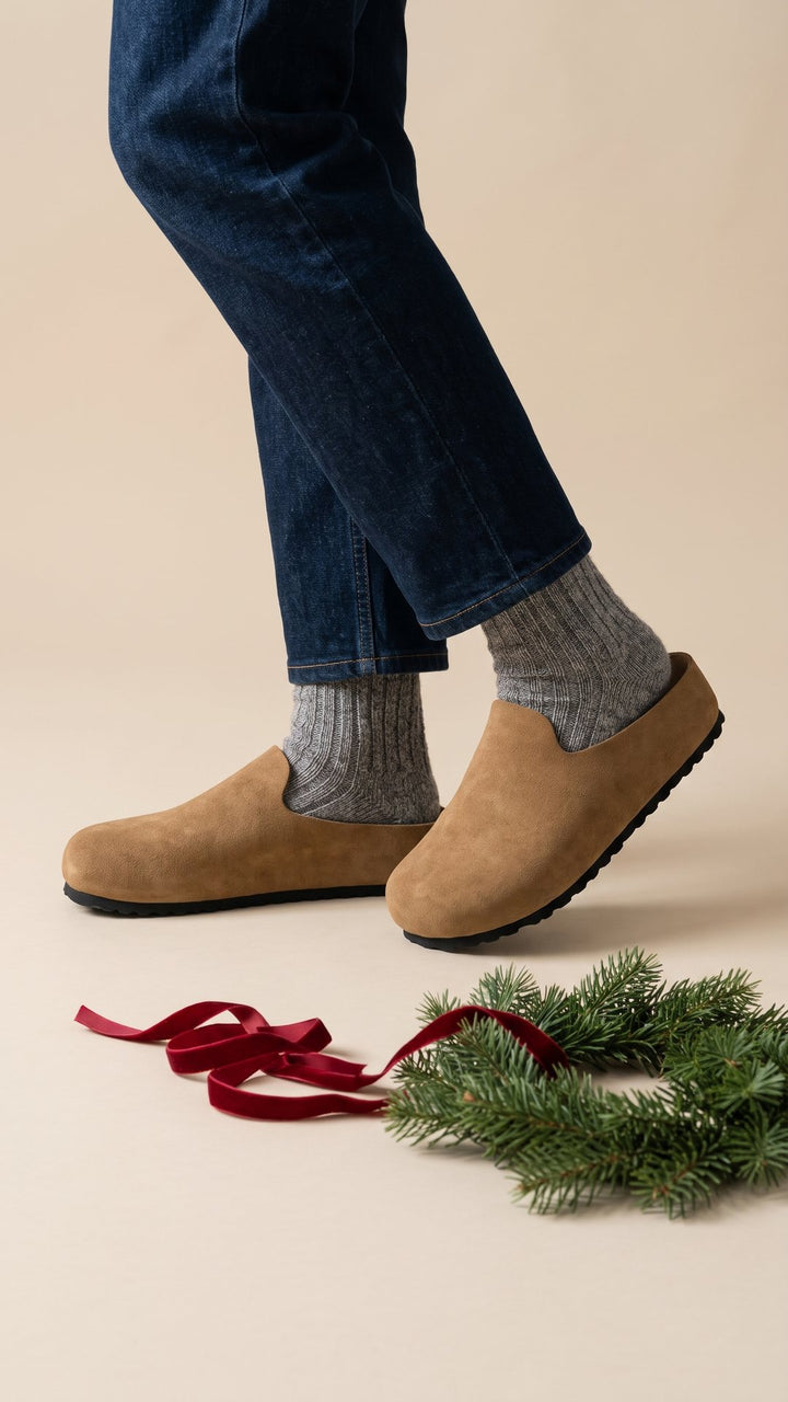 Tan Suede Relief Clogs with grey wool socks on a warm studio floor with a fir sprig and red ribbon