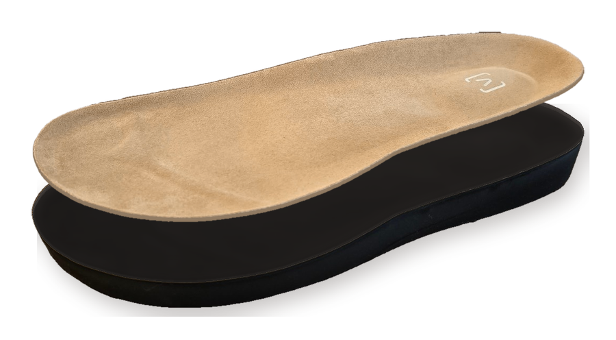 Relief insole: cushioned suede top layer lifted off its foam base