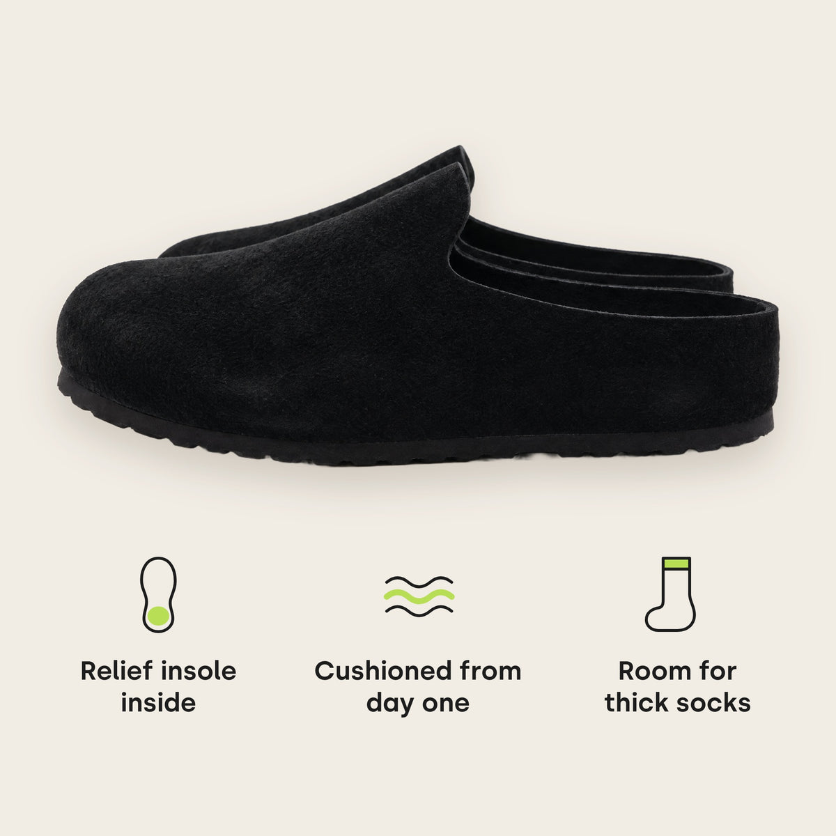 Black · Relief insole inside, cushioned from day one, room for thick socks