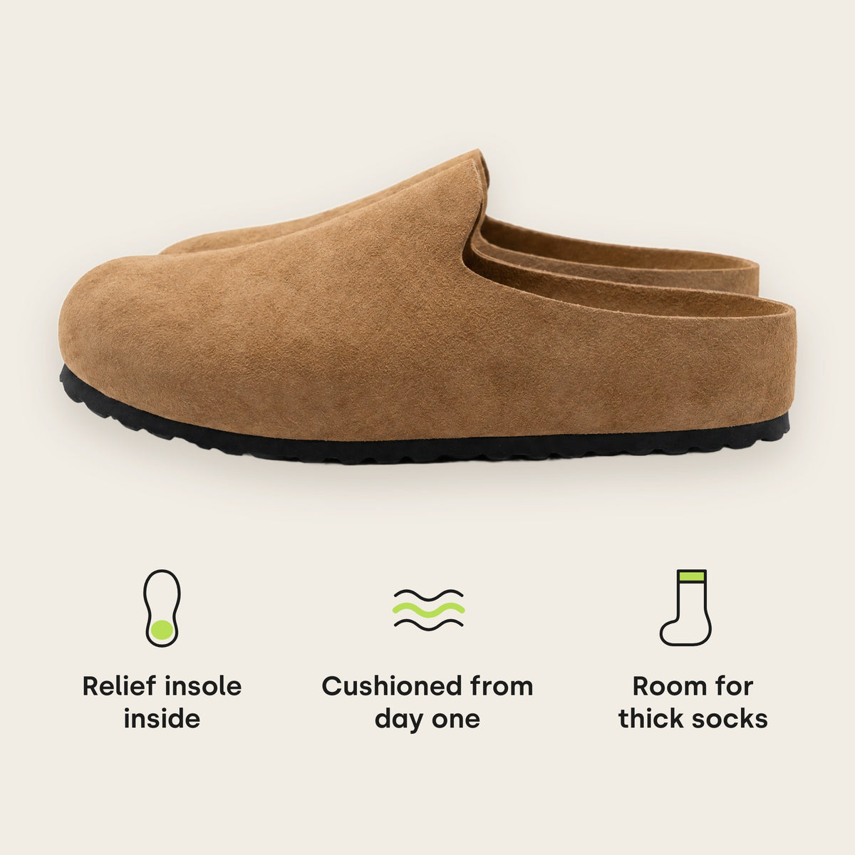 Tan · Relief insole inside, cushioned from day one, room for thick socks