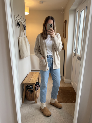 Tan Suede Relief Clog in a hallway mirror photo