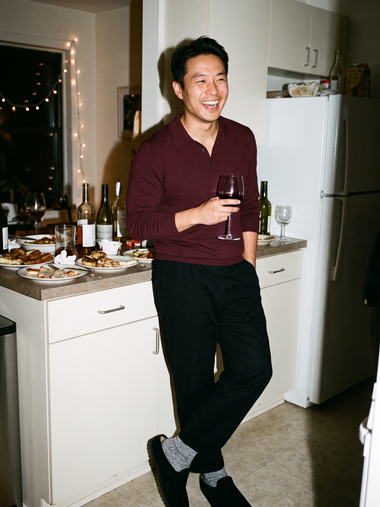 Black Suede Relief Clog at a dinner party