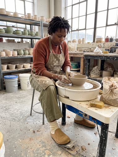 Tan Suede Relief Clog at a pottery wheel