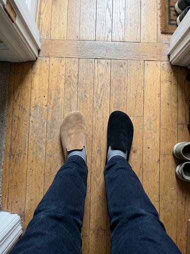 One Tan and one Black Suede Relief Clog to compare colours